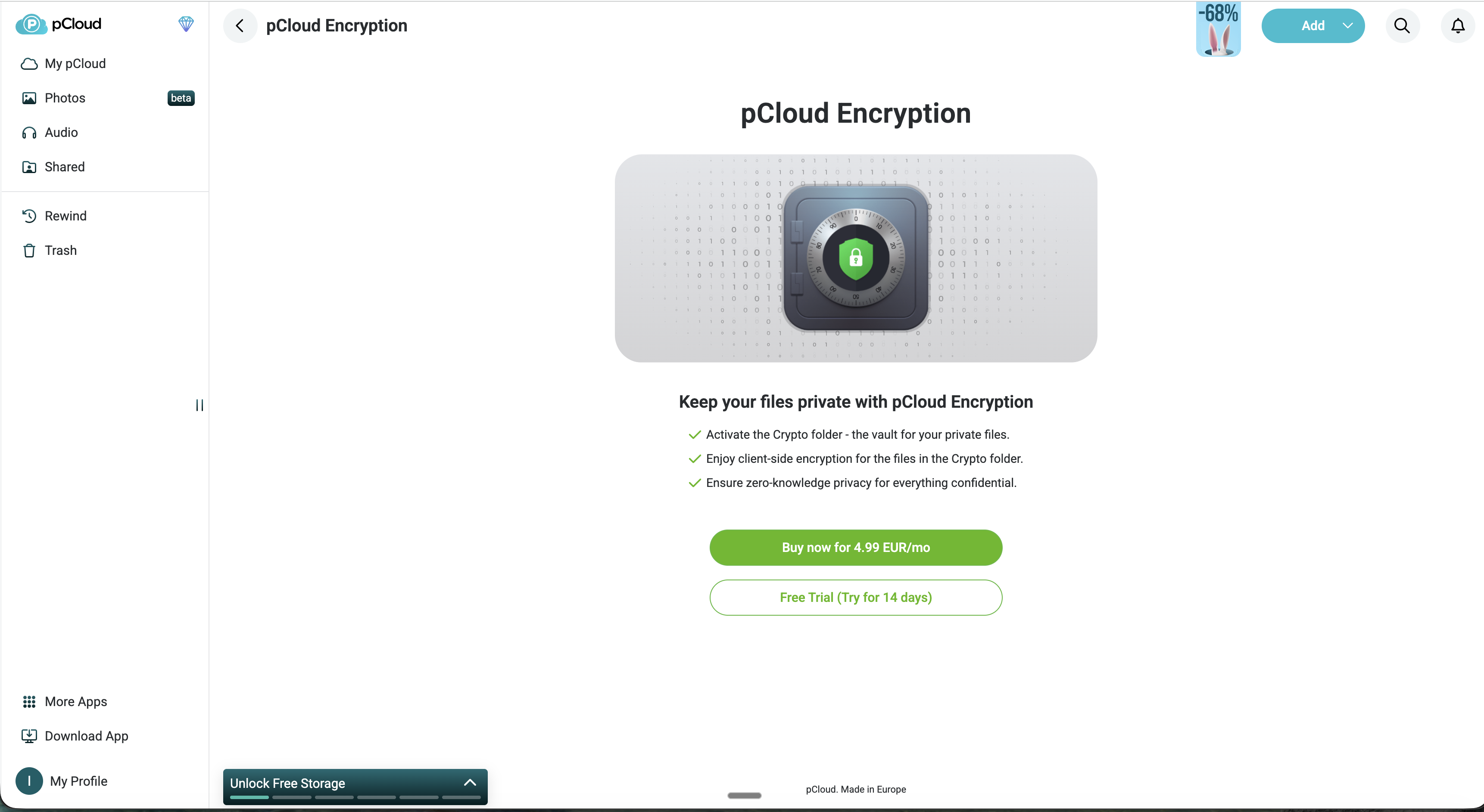 pCloud Encryption page showing client-side encryption with Crypto folder, zero-knowledge privacy, and 4.99 EUR per month pricing