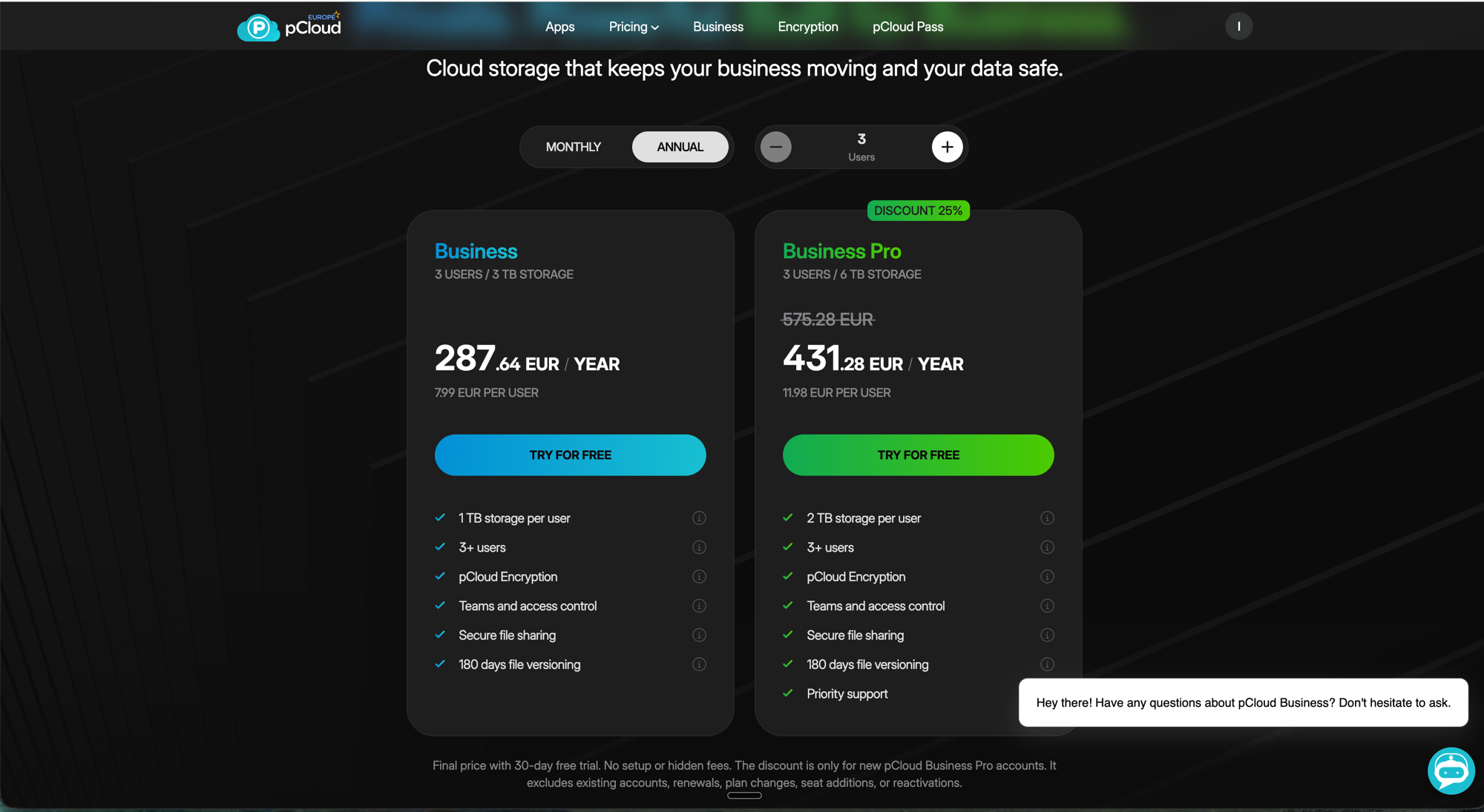 pCloud Business pricing showing Business at 287.64 EUR per year and Business Pro at 431.28 EUR per year with 25 percent discount