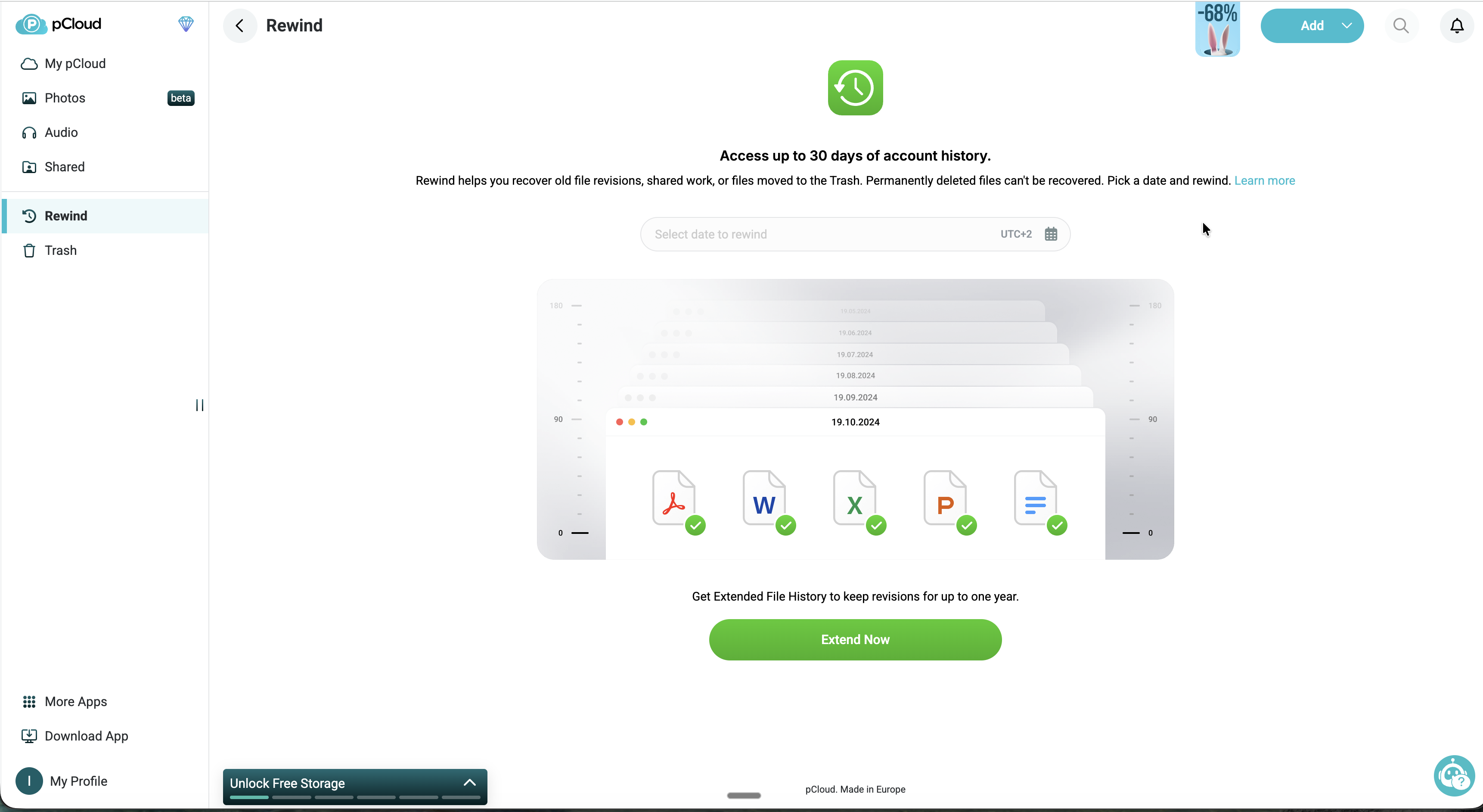pCloud Rewind feature showing 30-day file version history with timeline for recovering previous versions of documents