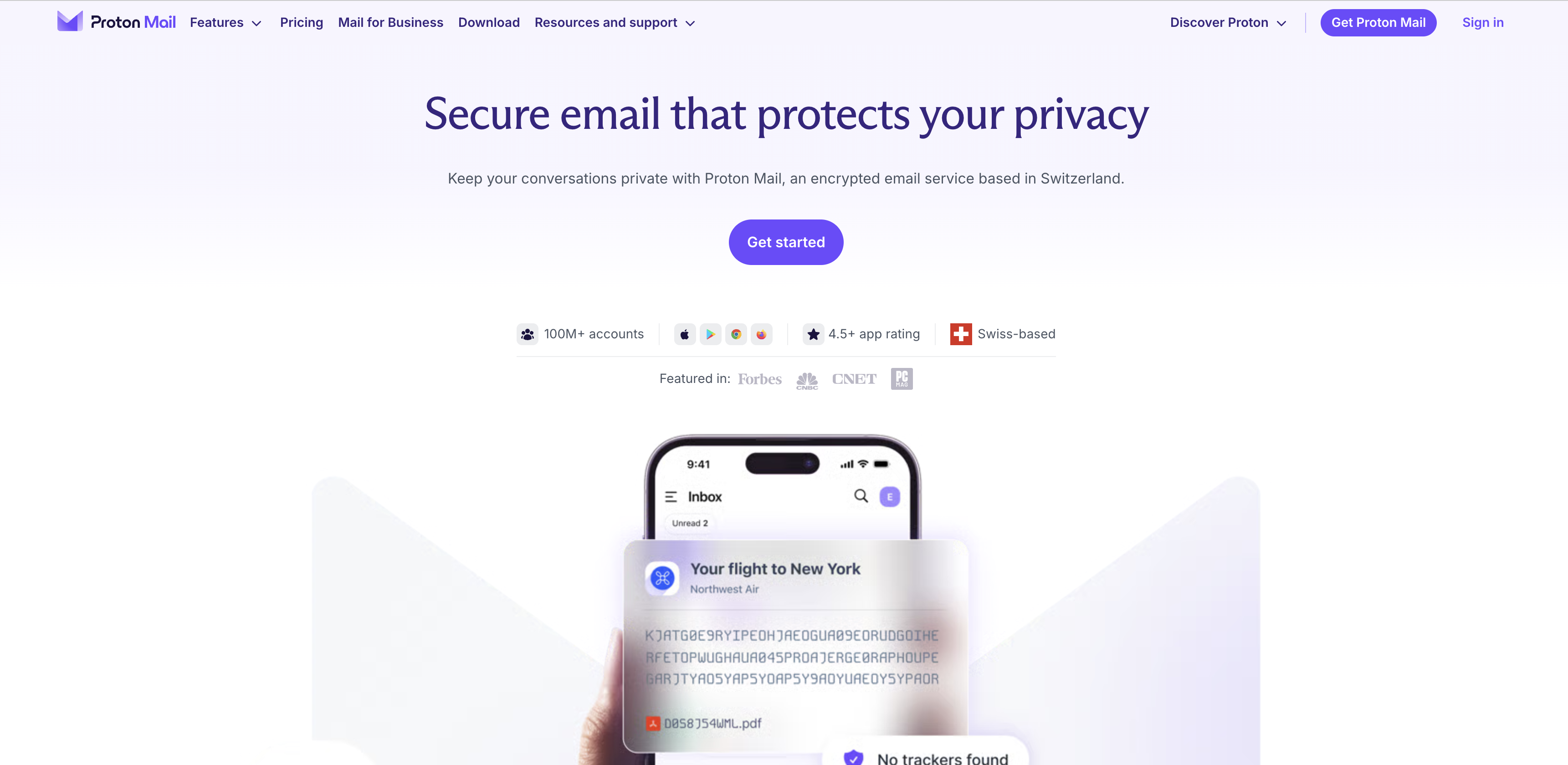 Proton Mail encrypted email service homepage showing Swiss-based secure email with end-to-end encryption and privacy protection