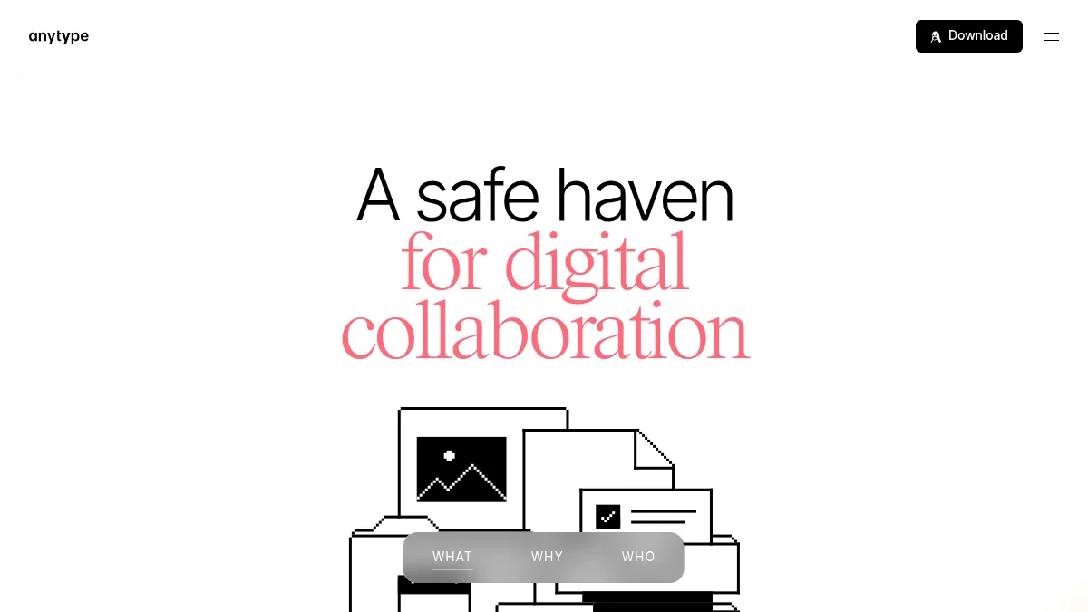 Anytype homepage showing local-first peer-to-peer workspace