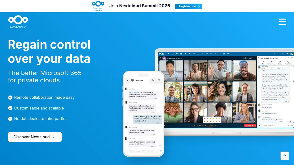 Nextcloud homepage showing the self-hosted collaboration platform