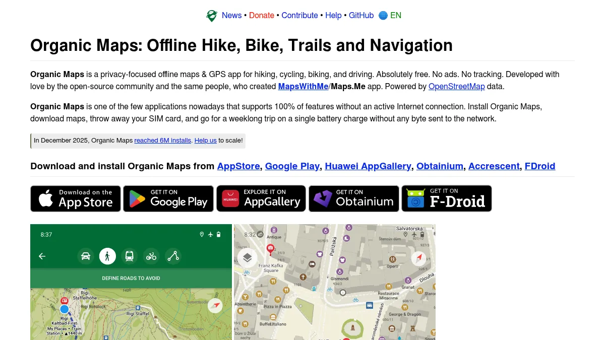 Organic Maps homepage showing the offline mobile navigation app