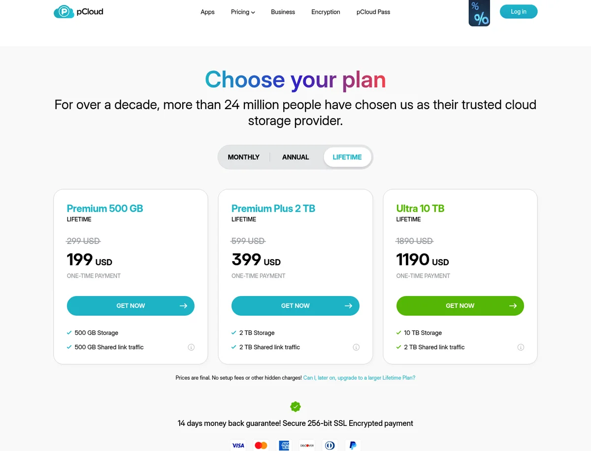pCloud lifetime pricing page showing 500 GB, 2 TB, and 10 TB one-time plans