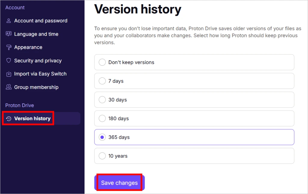 Proton Drive version-history settings showing retention choices from seven days to ten years, with 365 days selected