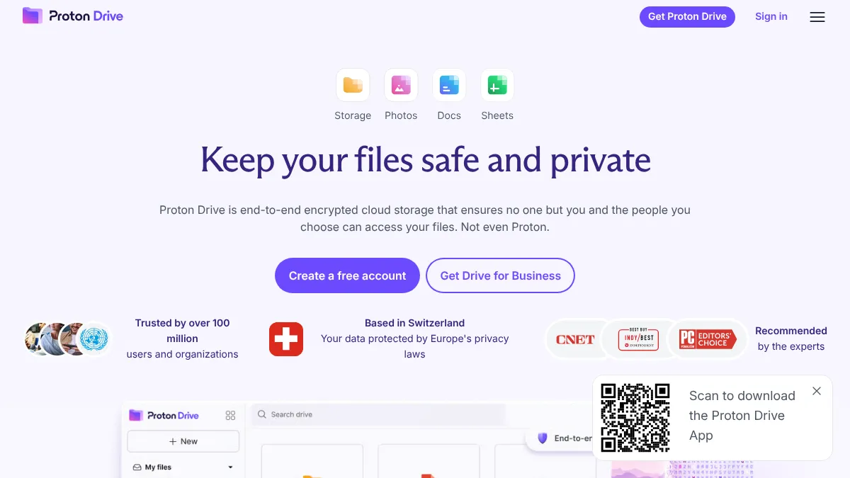 Proton Drive homepage showing the encrypted cloud storage service