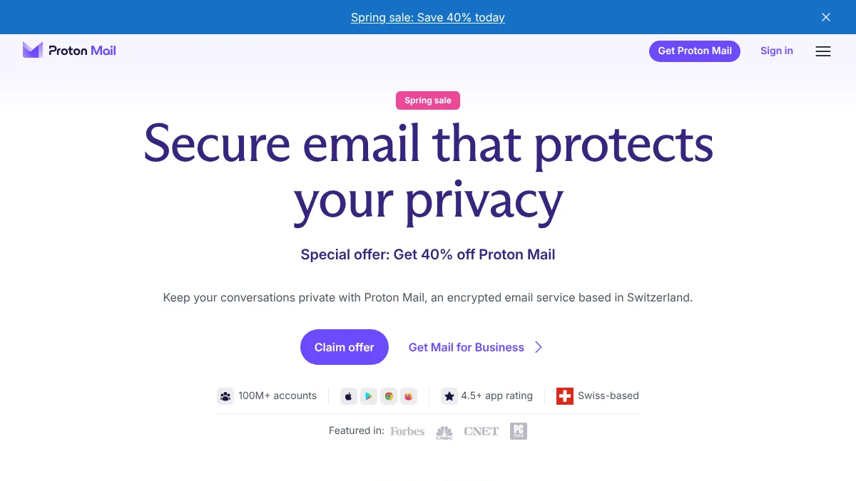 Proton Mail homepage showing the encrypted email service