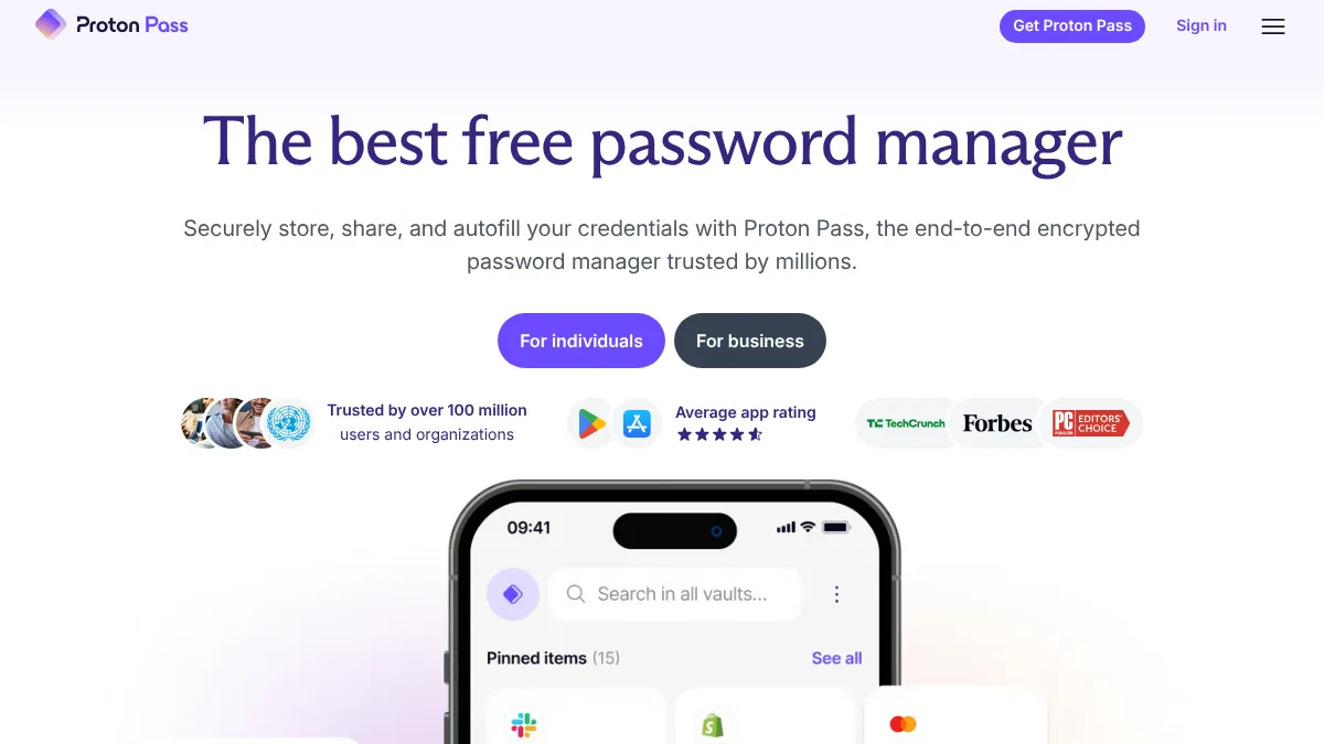 Proton Pass homepage showing the encrypted password manager