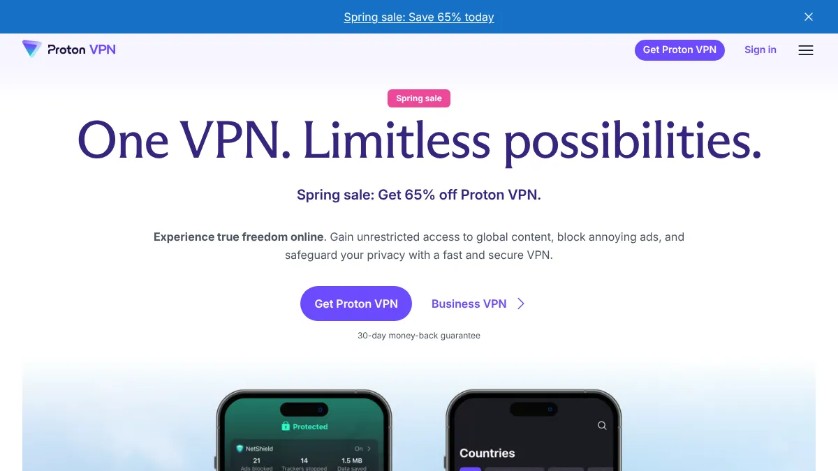 Proton VPN homepage showing the privacy-respecting VPN service