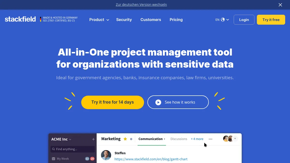 Stackfield homepage showing end-to-end encrypted team collaboration