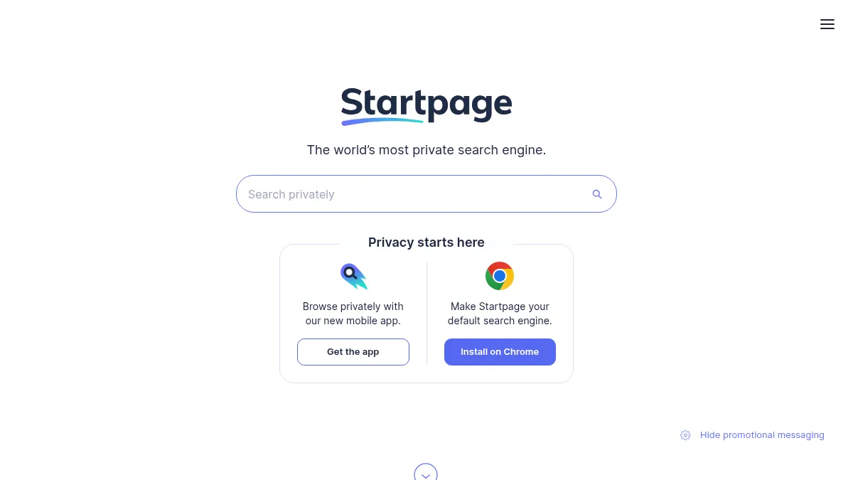 Startpage homepage showing the private Google search proxy
