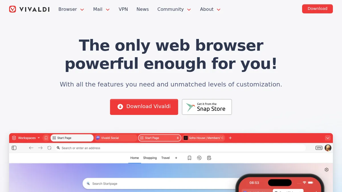 Vivaldi browser homepage