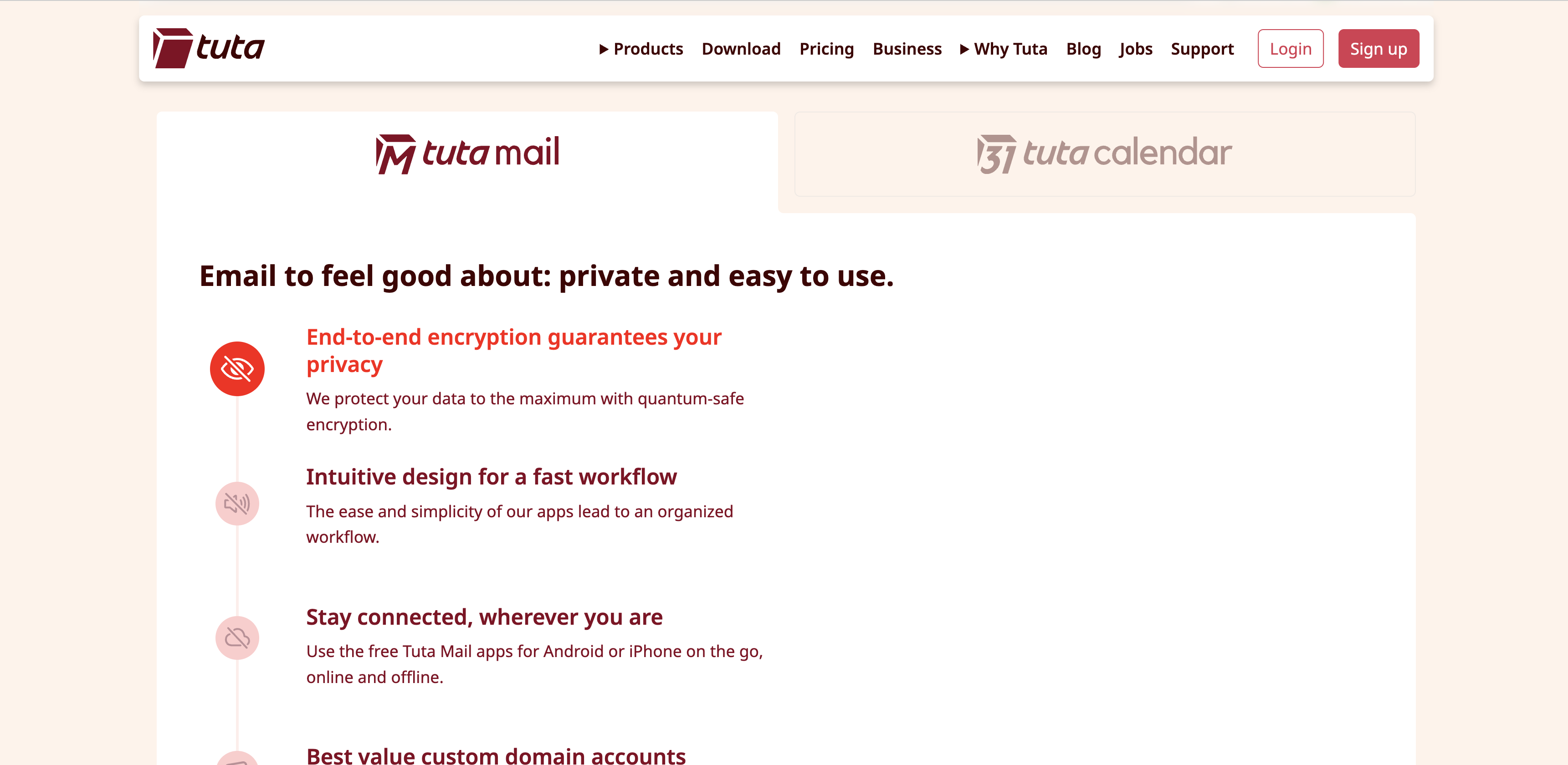 Tuta Mail features showing end-to-end encryption, intuitive design, and cross-platform availability