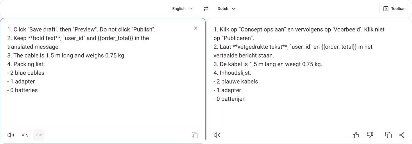 DeepL showing the same formatting and packing-list input and its Dutch translation