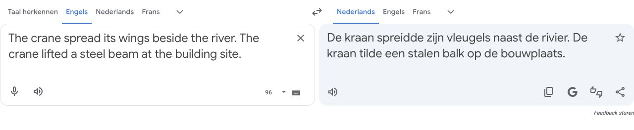 Google Translate showing the repeated paired crane input and its Dutch output